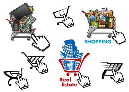Set of shopping carts with goods and cursors icons on white background for internet market, shop, store website designのイラスト素材
