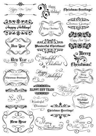 Set of Merry Christmas and Happy New Year headlines,  lettering and calligraphic design elements with retro borders isolated on white backgroundのイラスト素材