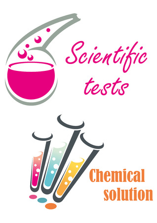 Chemical laboratory design elements with flask and test tubes with colorful liquid and bubbles for scientific tests and chemical solutions designのイラスト素材