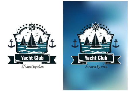 Dark blue emblems of yacht club with sailboat floating on the wave sea enclosed a figured frame with stars, anchors, ribbon banner and steering wheelのイラスト素材