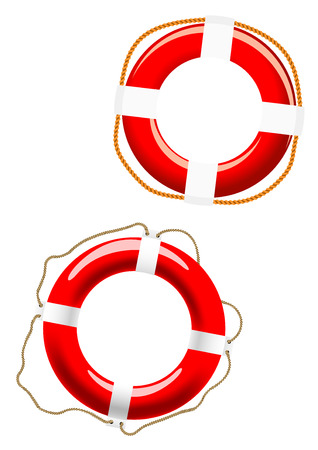 Red and white glossy life buoys with different ways of fixing for nautical designのイラスト素材