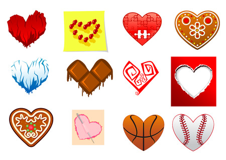 Colourful heart shapes set with ice, sports, turned paper, gingerbread, puzzle, chocolate and fire elementsのイラスト素材