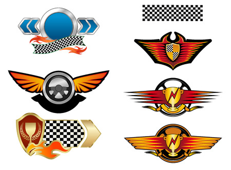 Racing sports emblems and symbols with checkered flag, fire flames, wings and trophy cupsのイラスト素材