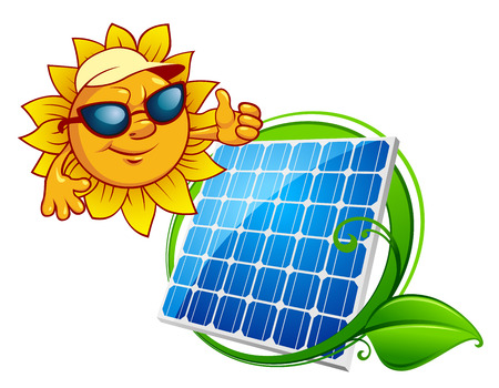 Solar energy panel bordered green stem with leaves and cartoon smiling sun in sunglasses