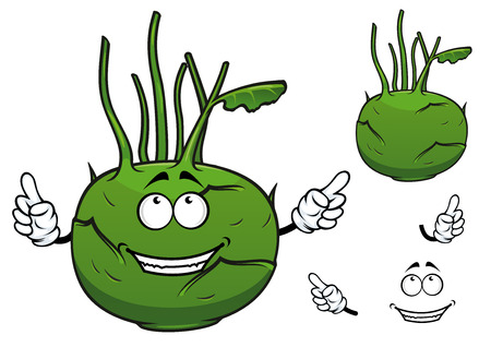 Cartooned fresh green vegetable kohlrabi cabbage with cheerful smiling face and stalks for healthy nutrition concept and food designのイラスト素材
