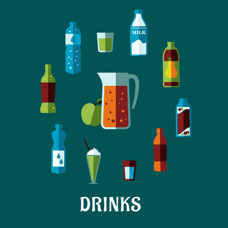 Flat non alcoholic drinks concept with pitcher and fresh apple encircled bottles of mineral water, milk, juice, cola, lemonade and glasses with cocktailsのイラスト素材