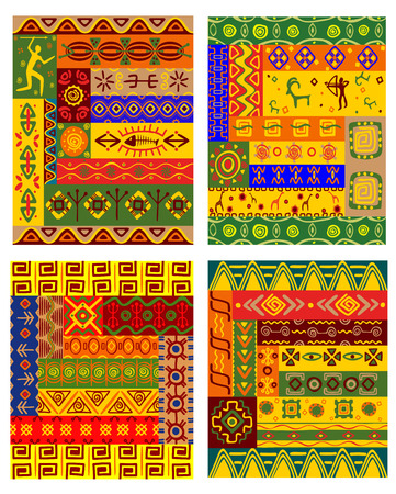 Ethnic geometric pattern with traditional african ornaments including primitive hunters, animals and plants in warm colors for fabric and interior decoration designのイラスト素材