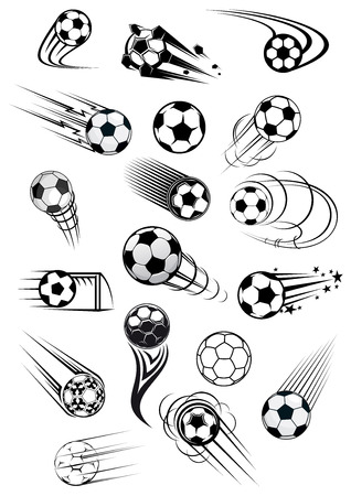 Football or soccer balls with motion trails in black and white for sporting emblems and mascot design