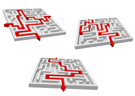Abstract mazes or labyrinths with red arrows showing variants of brainteaser solutions for business success strategy designのイラスト素材