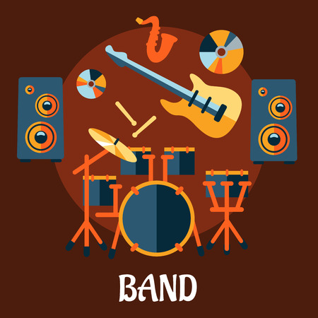 Musical band flat concept with drum set, electric guitar, drum sticks, saxophone, vinyl and speakers on brown backgroundのイラスト素材