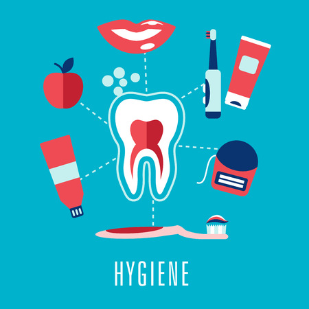 Dental hygiene medical concept with cross section of healthy tooth surrounded toothbrush, toothy smile, apple, toothpaste, floss and caption Hygiene. Flat styleのイラスト素材