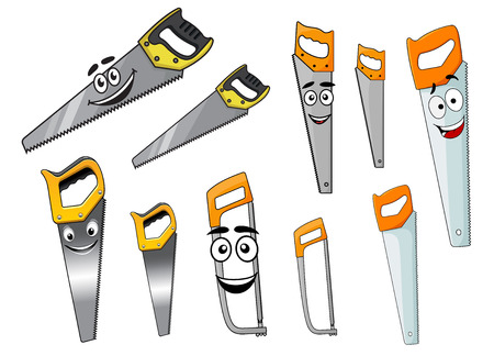 Cartoon sharp hand saw and hacksaw tools characters with smiling faces isolated on whiteのイラスト素材