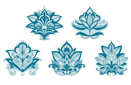 Vintage blue paisley flowers in outline style suitable for retro fabric print or ethnic decoration designのイラスト素材