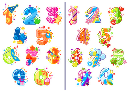 Colorful cartoon glossy numbers and digits adorned toys, flowers, balloons, fruits and party decoration elements for birthday anniversary or education designのイラスト素材