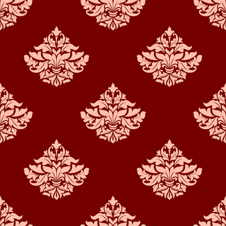 Floral seamless pattern with lush pink composition of elegant leaves scrolls and little lily buds on red backgroundのイラスト素材