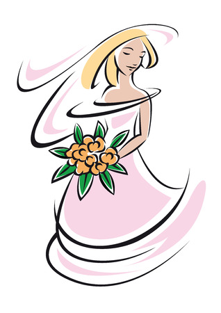 Bride silhouette in pink wedding dress and veil with traditional bouquet of flowers for marriage ceremony ir wedding invitation designのイラスト素材