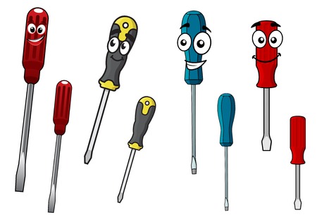 Colorful cartoon screwdrivers characters, one set with happy smiling faces and the other plainのイラスト素材