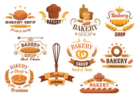Large set of bakery labels or badges decorated with wheat, bread, tarts, croissant, baguette, pretzel, whisk, toque, and rolling pin with various textsのイラスト素材