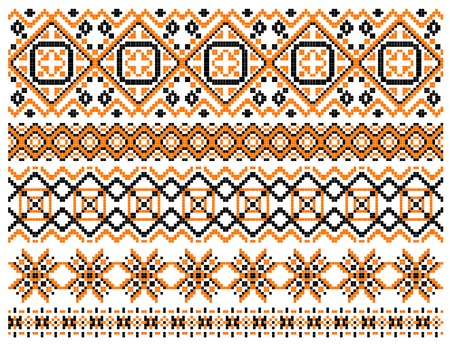 Geometric embroidery borders and frames set composed of patterns of squares and diamonds in a variety of widths and linear designsのイラスト素材