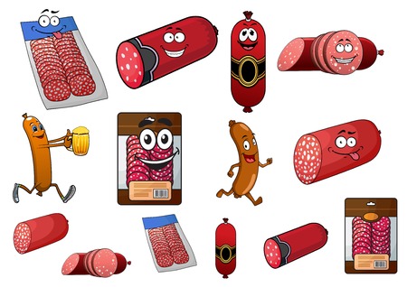 Cartoon wurst, sausage and salami characters with various forms and packaged sliced productsのイラスト素材