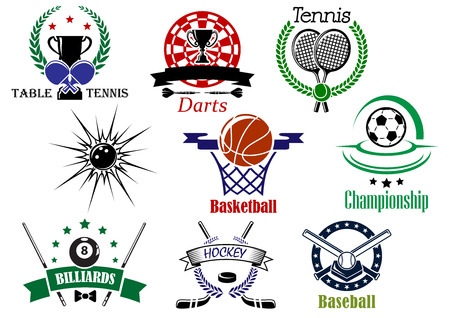 Team sports emblems and logo for football or soccer, ice hockey, darts, basketball, billiards, tennis, bowling, baseball, table tennis with sporting equipments and heraldic design elementsのイラスト素材