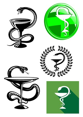 Set of pharmacy icons with medicine symbol of a cup or chalice with a snake twined around its stem and poised above itのイラスト素材