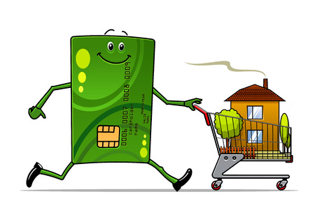 Cartoon credit card pushing a shopping cart with house inside for real estate industry designのイラスト素材