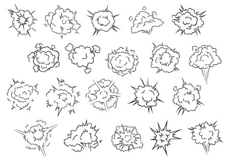 Comic book explosion elements consist of dust clouds and blast power trails in cartoon style...