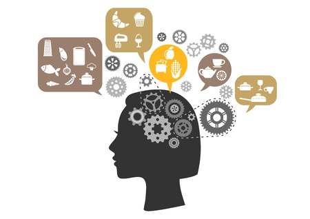 Silhouette of woman's head thinking what to cook with gears and speech bubbles above her showing food ingredients, kitchen utensilsのイラスト素材