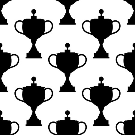 Seamless pattern of vintage trophy cup black silhouettes on white background for sporting competition or reward ceremony designのイラスト素材