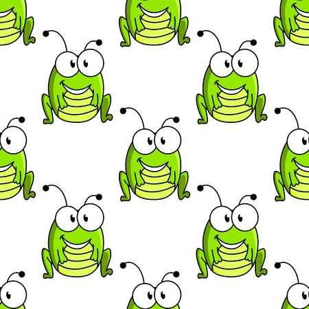 Seamless pattern of funny cartoon green grasshopper isolated on white background suitable for childish decor or fairytale designのイラスト素材