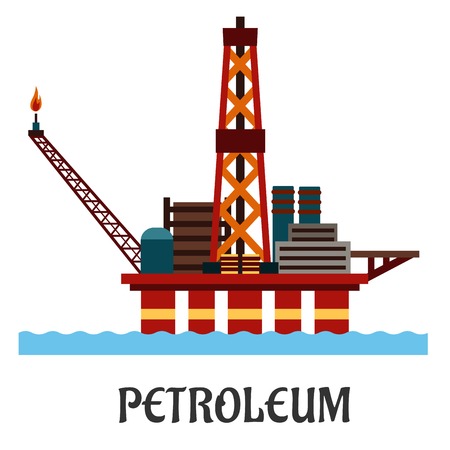 Petroleum industry flat concept showing oil offshore platform on hull columns in the ocean with derrick, cranes and workshopのイラスト素材