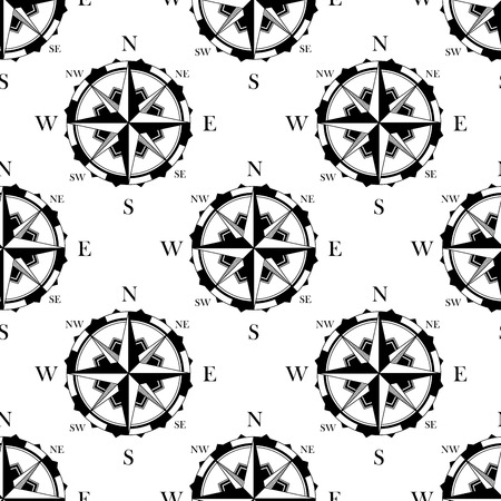 Seamless black and white pattern background with nautical compasses in retro style suitable for adventure or cartography concept designのイラスト素材