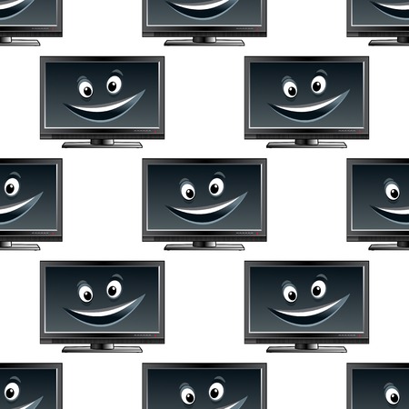 TV screen seamless pattern with happy cartoon flat lcd monitor characters on white background for textile or page fill designのイラスト素材