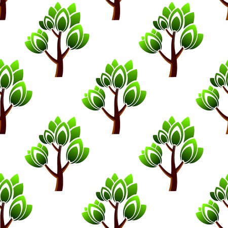 Forest seamless pattern showing repeating motif of trees with green leafy branches on white background for wallpaper or fabric designのイラスト素材