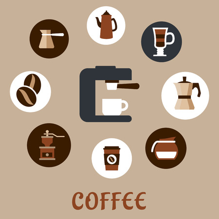 Flat icons with grinder, pot, sugar, beans, cups and coffee maker around coffee machineのイラスト素材
