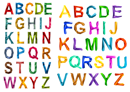 Two complete A-Z sets of colorful origami alphabet letters in uppercase for decorative design elementsのイラスト素材