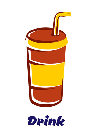 Striped paper fast food cup for cold beverage with lid and drinking straw in cartoon style isolated on white background with caption Drinksのイラスト素材