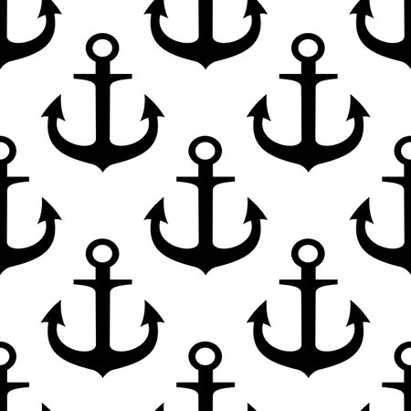 Black silhouettes of vintage nautical anchor on white background seamless pattern suitable for...