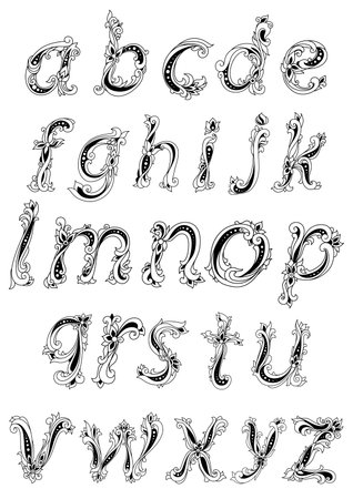 Floral alphabet in outline sketch style with lowercase letters decorated abstract flowers and leaves curlicue for vintage designのイラスト素材