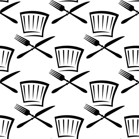 Black and white seamless pattern background in outline sketch style with repeated motif of chef hat with fork and knife for menu or recipe book flyleaf designのイラスト素材