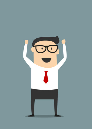 Excited  cartoon businessman in glasses and red tie raising hand with clenched fists in flat style suited for success or good news concept designのイラスト素材
