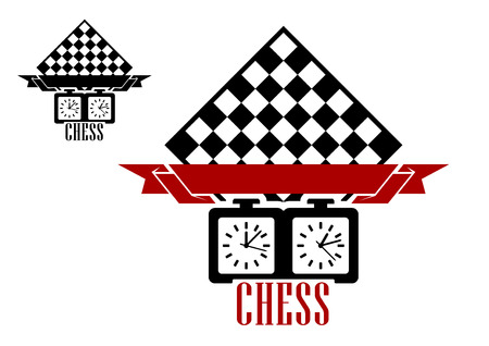 Black silhouettes of chess board and clock with blank ribbon babber isolated on white background suitable for chess match emblem  designのイラスト素材