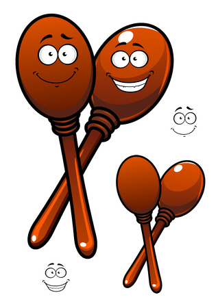 Pair of wooden polished maracas cartoon characters depicting mexican traditional percussion musical instruments with funny smiling faces for childish or party designのイラスト素材