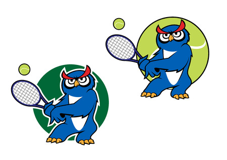 Cartoon blue owl playing tennis with tennis ball on the background and second variant with dark green backdrop suitable sporting mascot or emblem designのイラスト素材