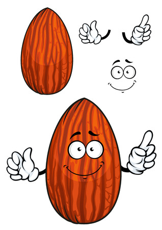 Funny cartoon almond nut character with brown dried seed coat with separated elements for vegetarian and healthy nutrition designのイラスト素材