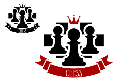 Black chess pawns on chessboard with red crown and ribbon banner with text Chess for sporting tournament badge or emblem designのイラスト素材
