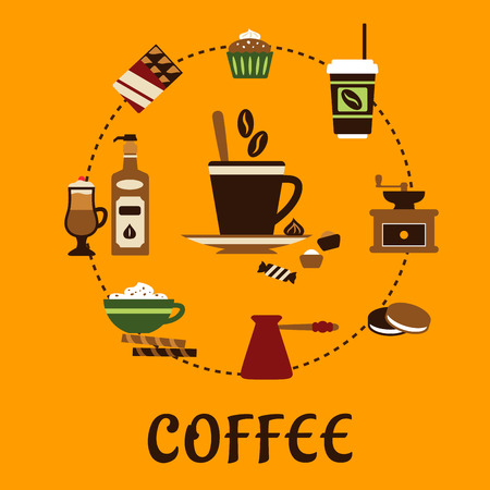 Coffee flat infographic icons showing cup of coffee on saucer with coffee beans and candies with ice cream, cakes, cappuccino, liquor, takeaway cup, chocolate, vintage coffee grinder and copper potのイラスト素材