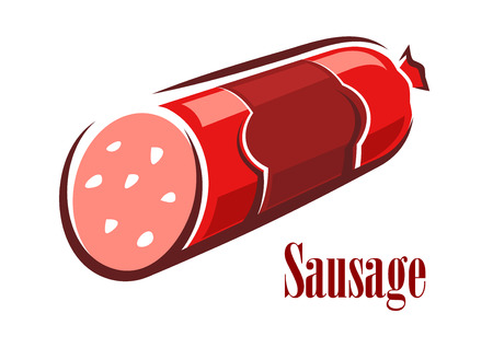 Red salami sausage in cartoon style with stick of beef wurst in natural casing and blank red label isolated on white backgroundのイラスト素材