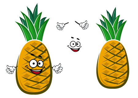 Ripe cartoon yellow tropical pineapple fruit character with green tuft of short tight leaves on the top for healthy nutrition or dessert  designのイラスト素材